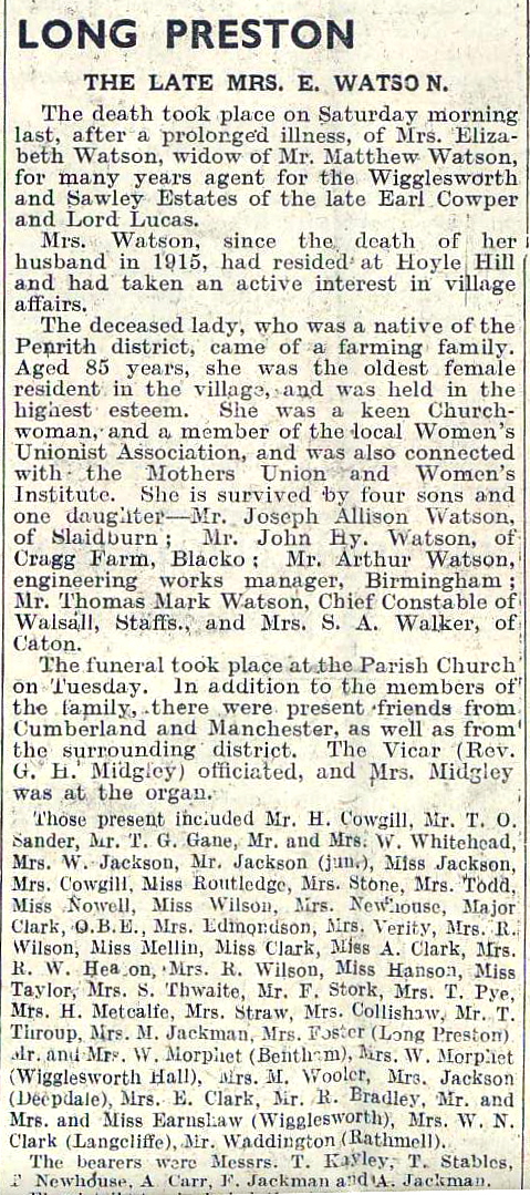 BS-A006 - Nov  1938 CH - Watson.jpg - Obitury - Mrs Elizabeth Watson  - Craven Herald November 1938